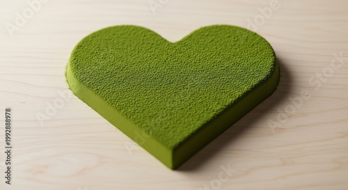 Raised heart shape formed from finely textured vibrant green matcha powder on a smooth surface, minimalist flat lay composition, symbolic representation of love, wellness, and natural energy