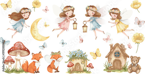 Whimsical illustration of fairies girls and animals in a magical forest with moon and mushrooms