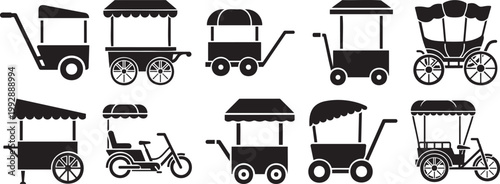 Set of various street food carts and carriages vendors stalls and mobile kiosks silhouette vector illustration carriage business commerce delivery silhouette vector illustration