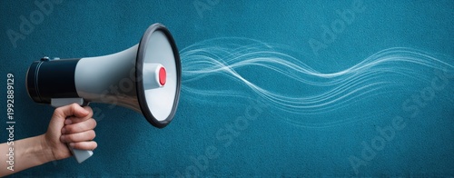 The Megaphone Held Against Blue Background Emitting Stylized White Sound Waves