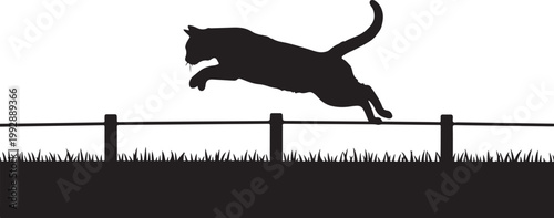 Black cat jumping over fence, silhouette animal vector, pet obstacle, grassy field
