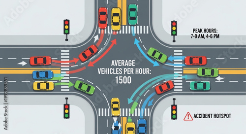 Busy city intersection with traffic flow diagram and statistics.