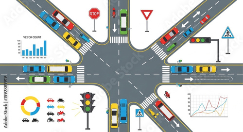 Busy City Intersection with Traffic and Data Visualizations.