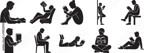 Collection of silhouettes of people reading books in various poses and positions sitting lying down standing silhouette vector illustration with silhouette, standing silhouette vector illustration