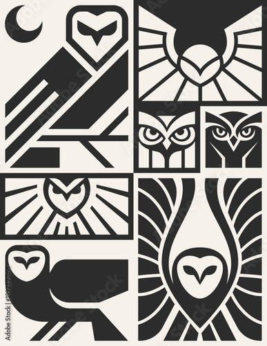 geometric shape pattern owl set, art for logo, poster vector illustration