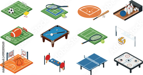 Isometric Sports Field and Equipment Icon Set with Football, Tennis, Basketball, Bowling, Billiards, Volleyball, and Table Hockey Designs