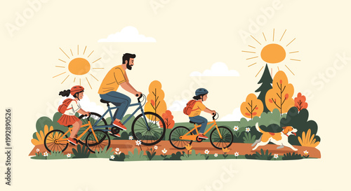 A cheerful illustration of a bicycle in a vibrant field of flowers. Ideal for promoting outdoor activities, wellness, or a sense of carefree living. C