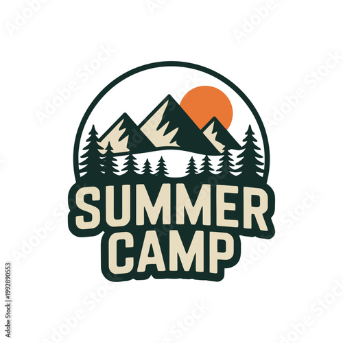 Summer camp emblem, mountains with pine trees and sun outdoor adventure design.