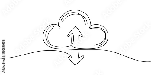 Cloud upload continuous one line drawing minimalist icon for data storage, cloud computing technology synchronize one line drawing continuous minimalist, Continuous line drawing symbolizing cloud