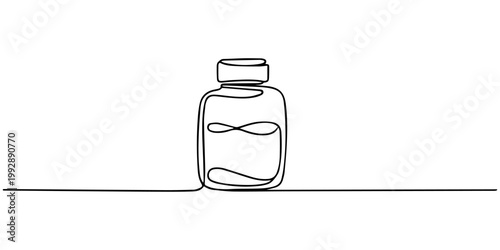 Minimalist one line drawing of a simple medicine bottle design for a healthy lifestyle concept Vector, illustration, Medical Vaccine bottle with liquid drug in continuous one line drawing vector