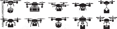 Drone silhouettes with cargo and delivery packages silhouette vector illustration online shopping remote control quadcopter aircraft delivery transport silhouette vector illustration