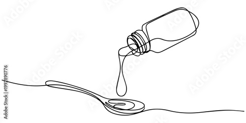 medicine liquid pouring from a bottle continuous one line drawing, continuous line drawing of spoon and bottle of medicine syrup.one line drawing of bottle pouring medicine syrup into spoon.