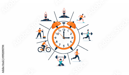 Healthy lifestyle daily routine with alarm clock infographic fitness activities vector illustration in flat design style