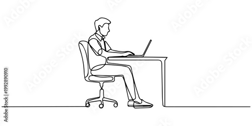 customer service representative at a desk continuous one line drawing, Minimalist continuous line drawing of a customer service representative at a computer working hard vector, Continuous single line