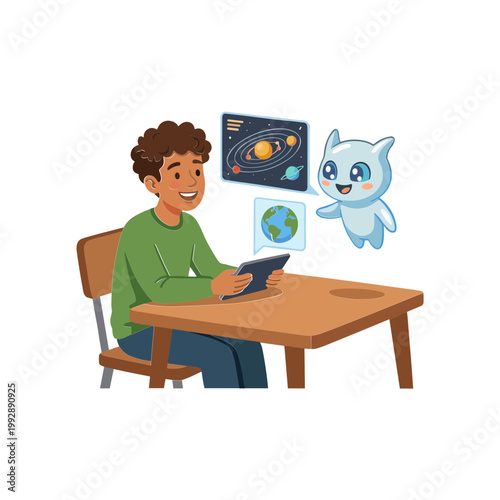 A boy sitting at a desk uses a tablet with a cartoon cat and educational graphics floating above