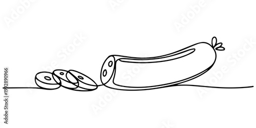 sausage continuous one line drawing, Continuous One Line Drawing of Sliced Sausage, Grilled sausage, Continuous line, sausage, Sai Us food vector illustration. Continuous one line drawing of American