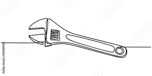 One line drawing of a spanner wrench tool representing maintenance and construction work Vector, illustration, One mechanical wrench for nuts drawn in one continuous line drawing. one line Icon draw