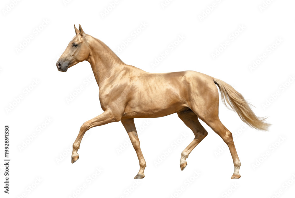 Fototapeta premium Side view of a majestic golden Akhal-Teke horse trotting