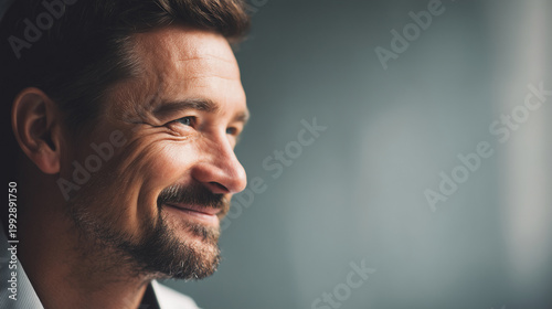 Professional man smiling softly, close up portrait, clean background, natural lighting, copy space on right