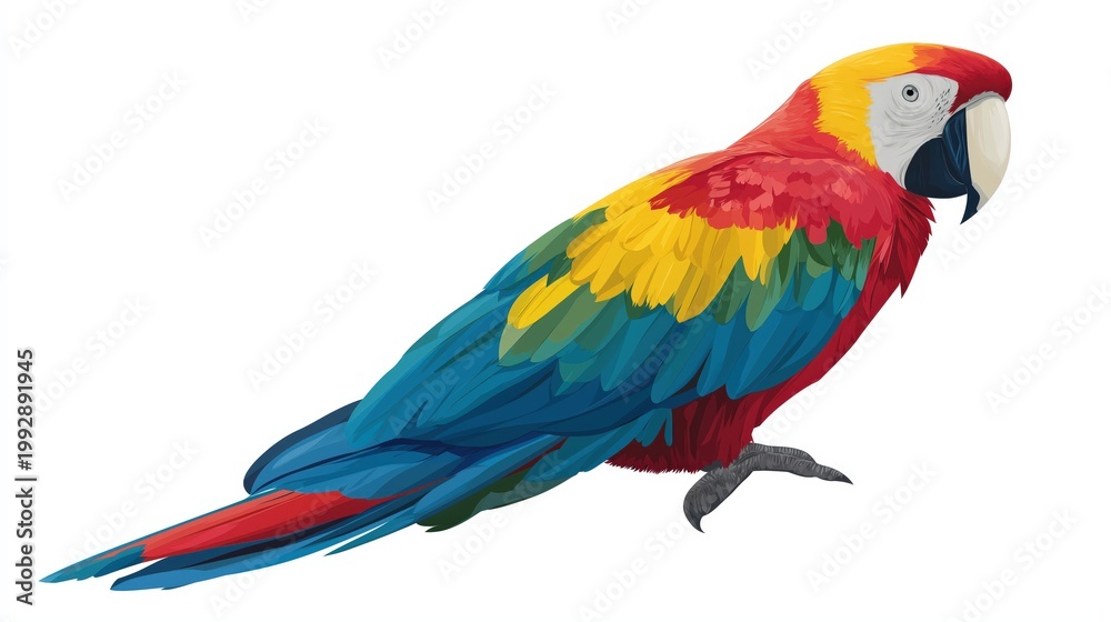 Fototapeta premium A colorful scarlet macaw parrot with vibrant red, yellow, blue, and green feathers perched against a white background.
