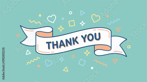 Tableau sur toile Thank You banner with geometric shapes and confetti on teal background