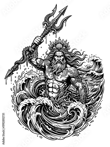 Greek gods fusion tattoo combining Zeus, Poseidon, and Hades in one composition, powerful trio concept, highly detailed, bold tattoo design, black and white illustration, white background
