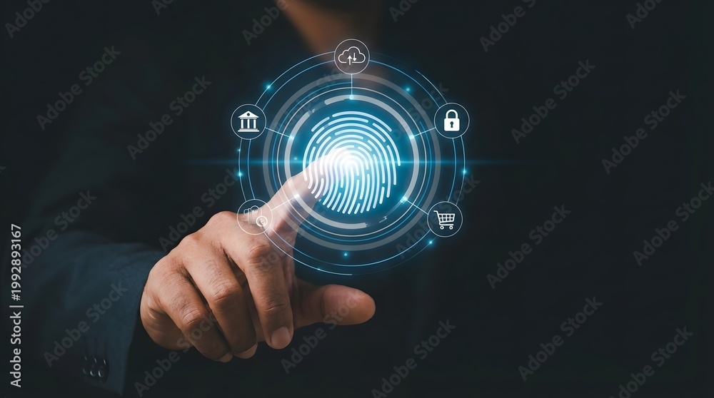 Fototapeta premium Man using a biometric fingerprint scanner for secure authentication and identification purposes.