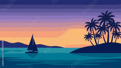 Vibrant tropical sunset landscape with sailboat and palm tree island