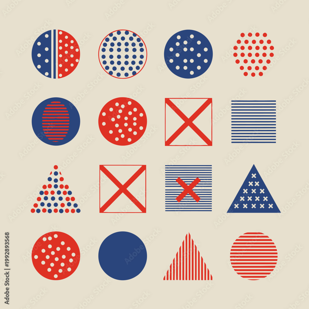Obraz premium Abstract Geometric Shapes Pattern, Retro Design, Red Blue White Colors