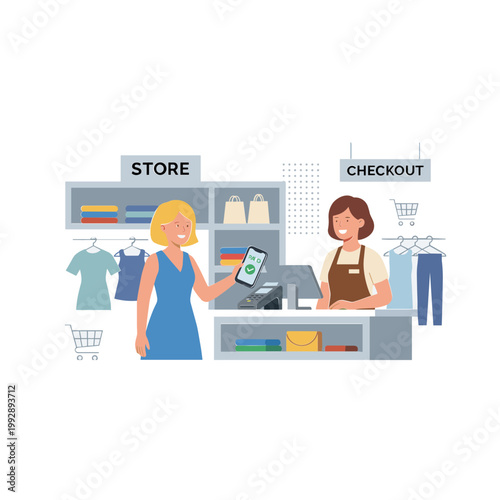Woman making payment using mobile at store checkout counter with cashier