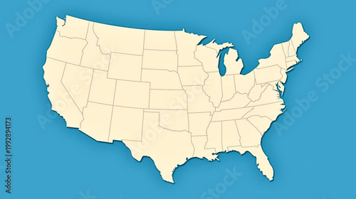 A minimalist graphic representation of the contiguous United States map with all individual states outlined on a solid blue background.