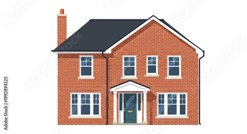 Two-Story Red Brick Suburban House Illustration, Modern Residential Home Building Exterior Vector Isolated on White