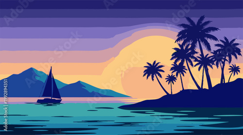 Vibrant tropical sunset illustration with sailboat, palm trees and mountains
