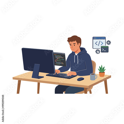 A man works on a computer coding at a desk indoors.