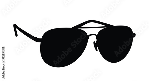 A black silhouette of classic aviator sunglasses against a white background
