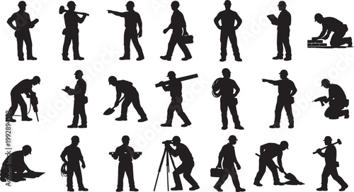 A collection of black silhouette figures depicting various construction workers