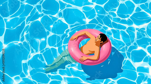 Man relaxing on pink inflatable raft in swimming pool water surface