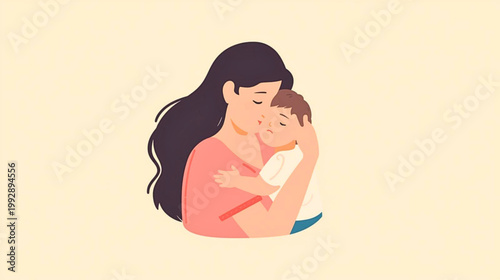 A woman tenderly holds and kisses a sleeping baby in her arms lovingly.