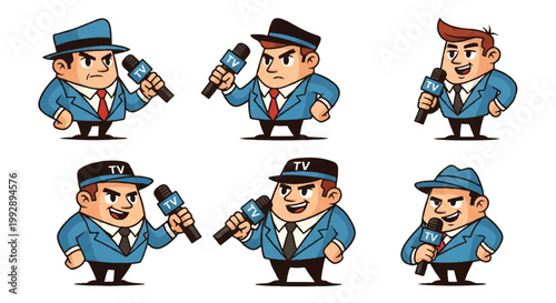 Cartoon reporters with microphones in blue suits isolated