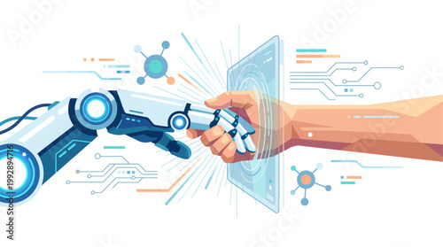 Flat vector illustration of artificial intelligence partnership, robotic arm and human hand connecting through digital interface