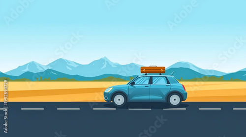 A blue car drives on a road with mountains and luggage on top
