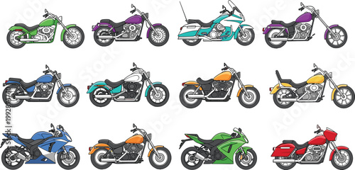 Motorcycle Vector Set Featuring Sport Bikes, Cruisers, Choppers, and Touring Motorcycles in Different Colors for Transport Design, Racing Theme, and Automotive Illustration Collection