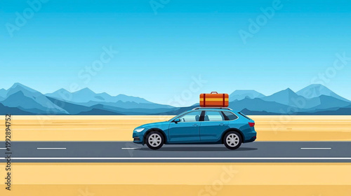 A blue car drives on a road with mountains in the background and a luggage on top.