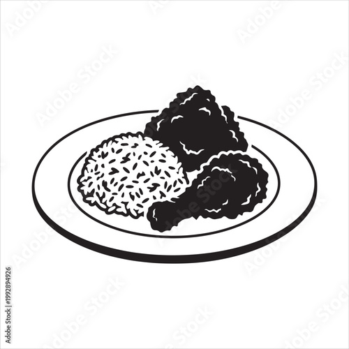 Fried Chicken with Rice on a Plate Vector Illustration Silhouette