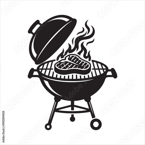 Vector illustration of a charcoal kettle grill with a flaming T-bone steak on a white background.