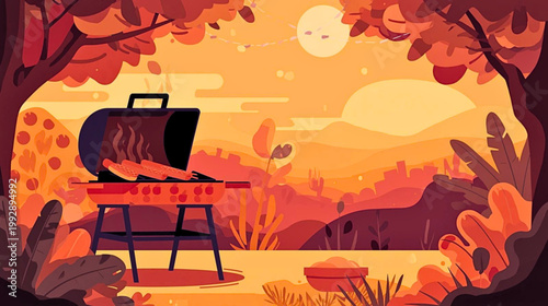 A serene outdoor scene at dusk featuring a barbecue grill surrounded by trees and plants in a natural landscape.