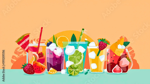 A vibrant illustration of assorted colorful drinks and fruits on a table indoors.