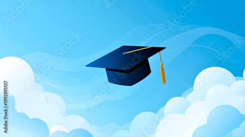 Graduation cap flies high in the sky with clouds