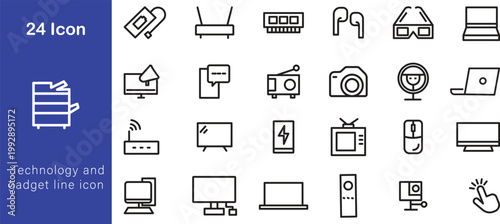 Technology and gadget line icon set. Vector pictograms of smartphones, cameras, drones, and consoles, thin outline illustration.