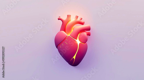 A glowing pink heart with yellow veins is cracked and illuminated on a purple background.